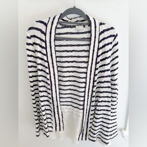 Anthropologie Postage Stamp Striped Black and Cream Open Cardigan Peplum